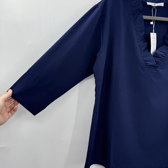 Michelle McDowell Reid Ruffle Neck Top Sz L Navy Blue Preppy Travel Staple NEW - Picture 3 of 10